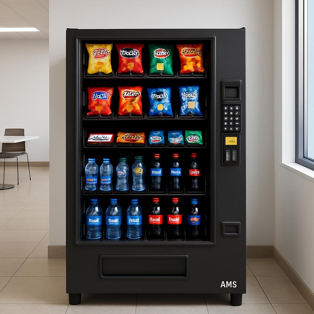 This is a a vending machine that vends snacks, drinks and other convenience items